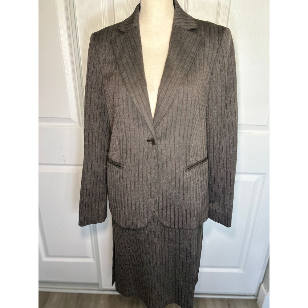 United Colors Benetton Italy Wool Skirt Suit Herringbone Pinstripe Gray Size 6
